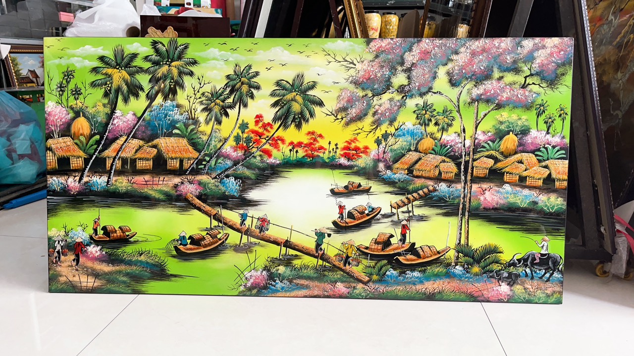 Tranh sơn mài đồng quê Thanh Bình Lê, hàng xuất khẩu 60x120 cm nhiều mẫu