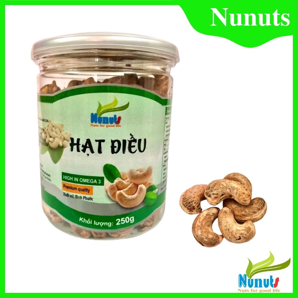 Hạt điều còn vỏ lụa Nunuts, loại nguyên hạt cao cấp, rang ít muối- hũ 250g