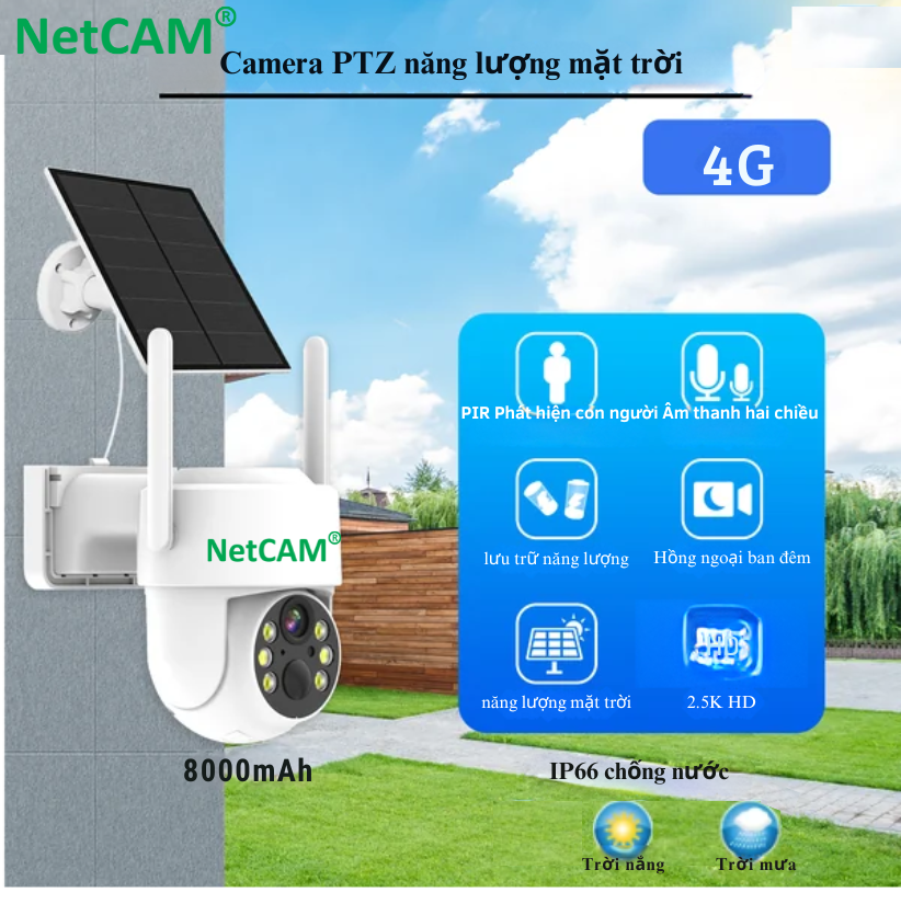 Camera Năng Lượng Mặt Trời 4G Không Dây NetCAM STL4G, Chất lượng video HD 4MP, Dùng Sim 4G, Dung lượng pin 8000mAh - Hàng Chính Hãng