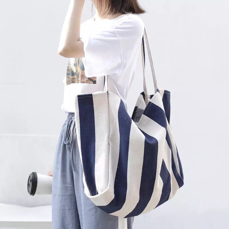 Túi Vải Tote Nữ Canvas Vải Bố Sọc Xanh Dương Navy Đựng Nhiều Đồ