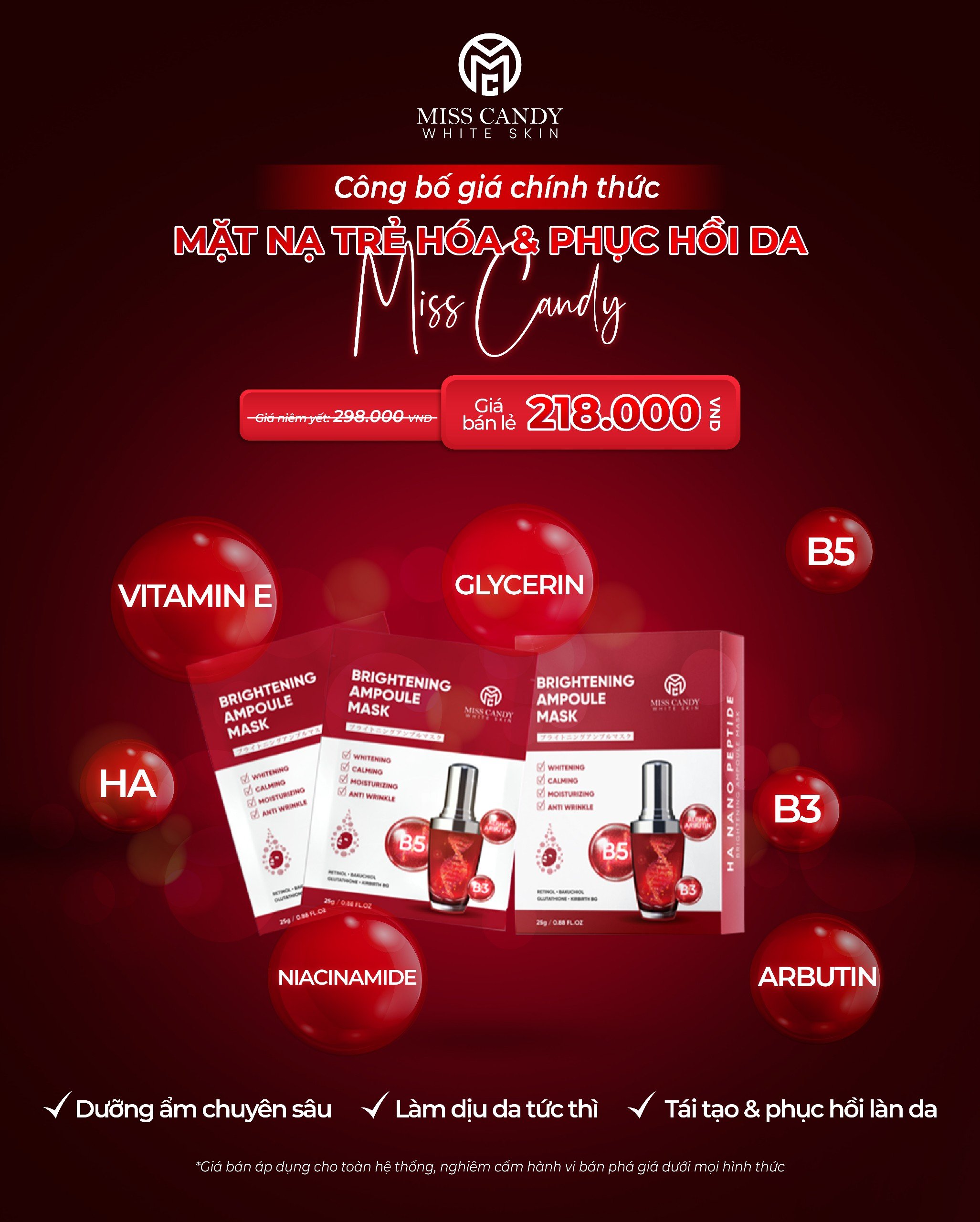 [MISS CANDY] Mặt Nạ Trẻ Hóa &amp; Phục Hồi Da BRIGHTENING AMPOULE MASK Miss Candy (Hộp 5 Miếng x 25g)