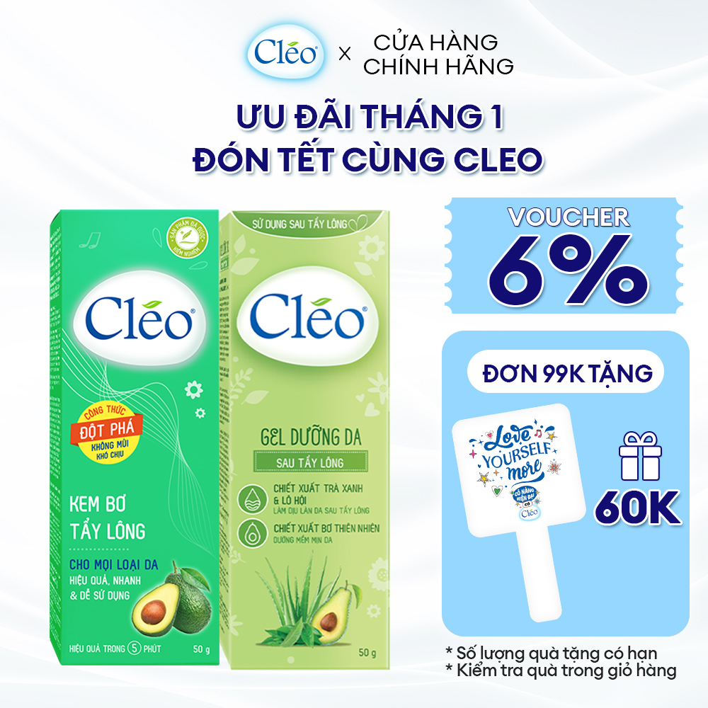 Combo Kem Bơ Tẩy Lông Cléo 50g Hương Thơm Dễ Chịu cho Mọi Loại Da kể cả Da Nhạy Cảm và Gel Dưỡng Da Sau Tẩy Lông Cleo 50g