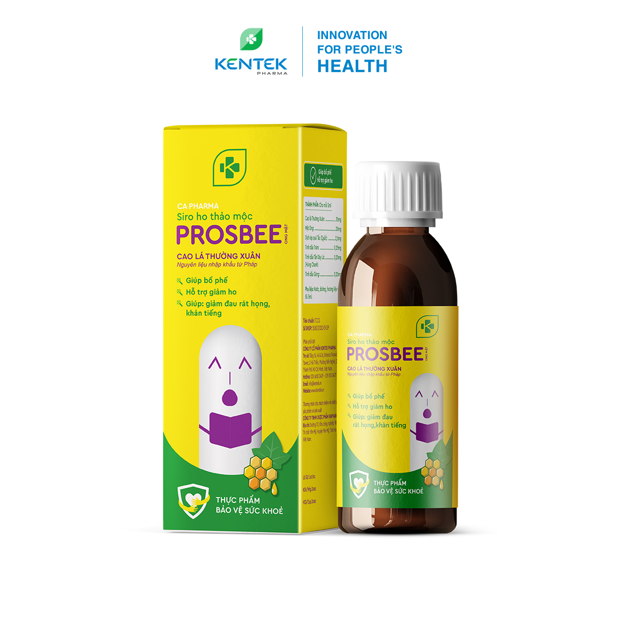 Siro ho thảo dược bổ phế, giảm ho dành cho trẻ em PROSBEE Ong Mật | Kentek Pharma | Chai 100ml