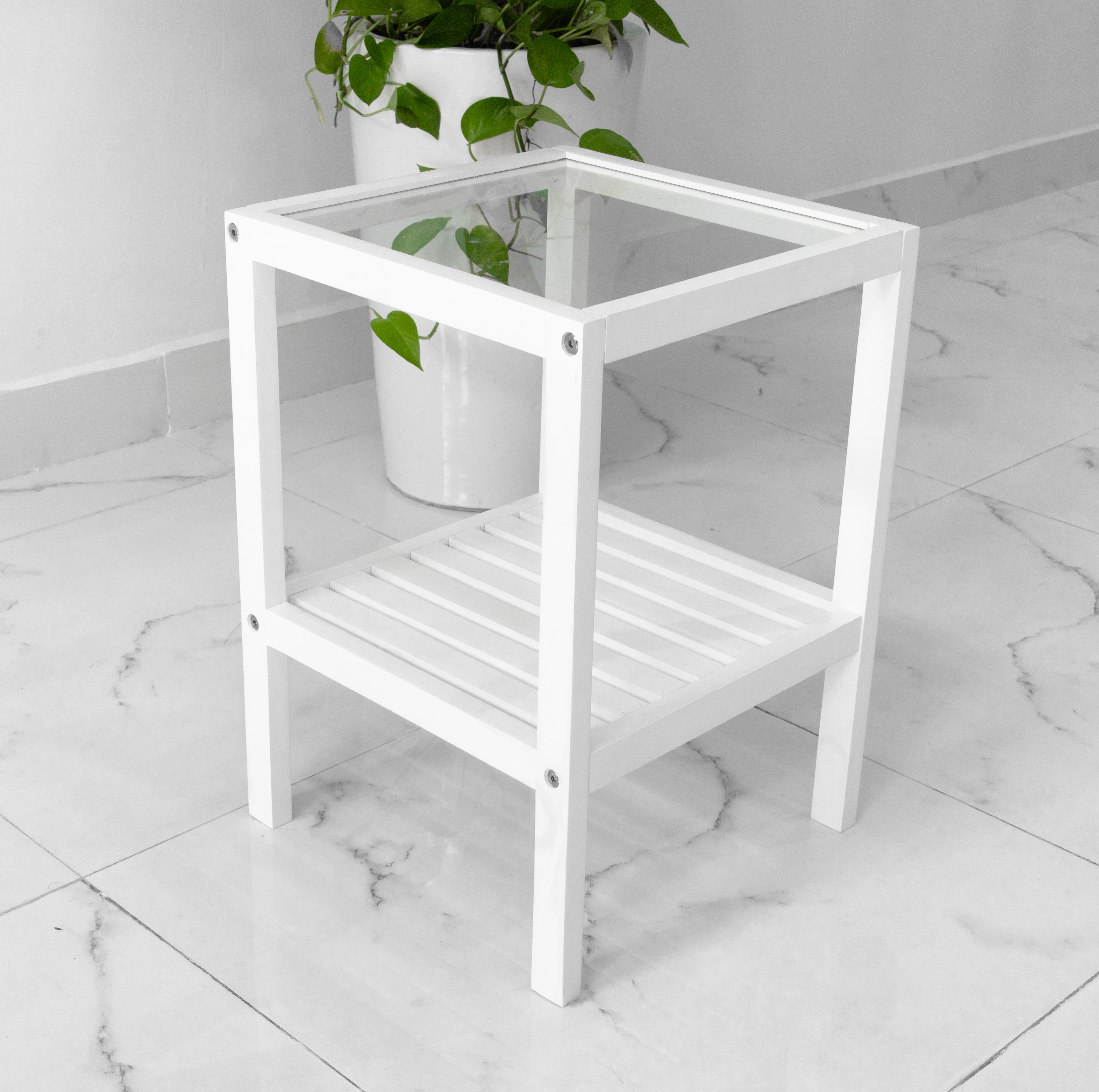KỆ KÍNH TRANG TRÍ LẮP RÁP HÀN QUỐC MÀU TRẮNG - GLASS SHELF WHITE