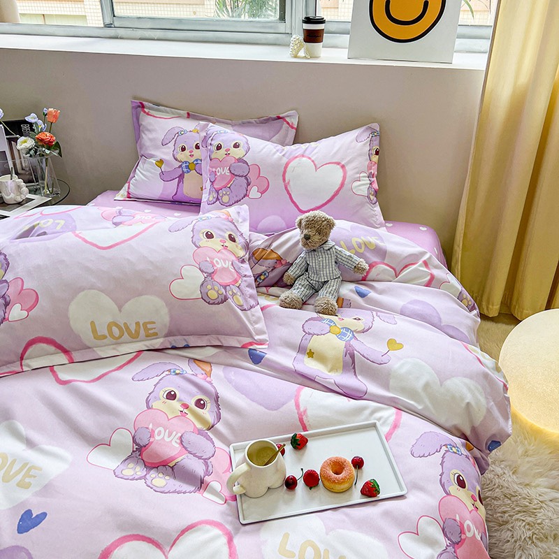 Bộ chăn ga gối poly new : thỏ tim tím 4 món Polycotton