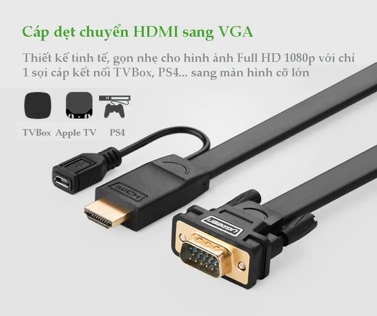 Ugreen UG40231MM101TK 2M màu Đen Cáp chuyển đỗi HDMI sang VGA kèm cổng trợ nguồn Micro USB - HÀNG CHÍNH HÃNG