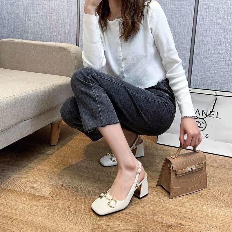 Sandal 7cm gót bọc khoá DD vàng- giày cao gót nữ bít mũi gót vuông