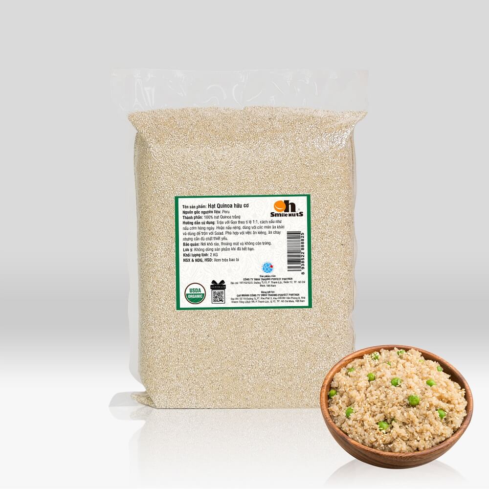 Hạt Quinoa (Diêm Mạch) Trắng Smile Nuts Túi 2kg - Sản phẩm hữu cơ được nhập khẩu từ Peru (Túi Quinoa 2kg tiện dụng và tiết kiệm)