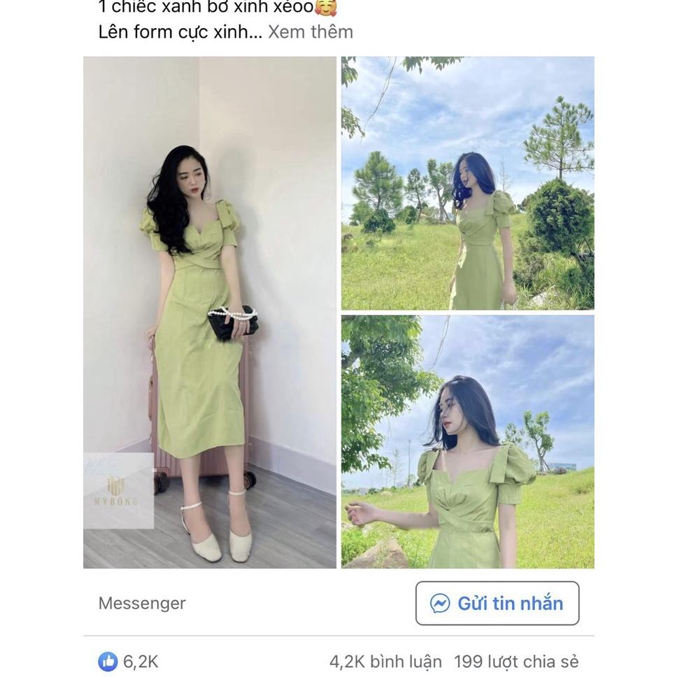 Váy Đầm xanh cốm dây đan chéo nơ vai