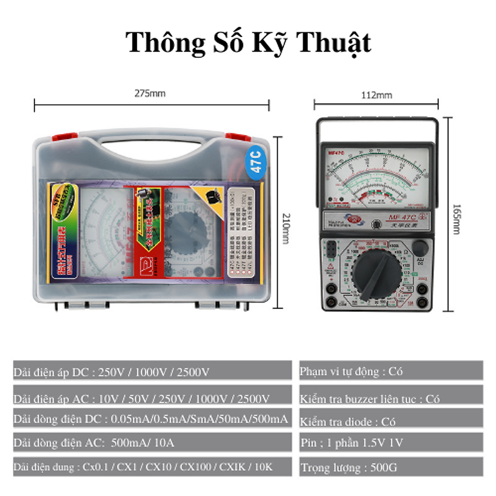 Đồng Hồ Kim Vạn Năng ABG MF47C Kỹ Thuật Số Máy Kiểm Tra Điện Áp Dòng Điện Trở Màn Hình Analog Đồng Hồ Vạn Năng Dụng Cụ Điện Dc/Ac (Không bao gồm pin)