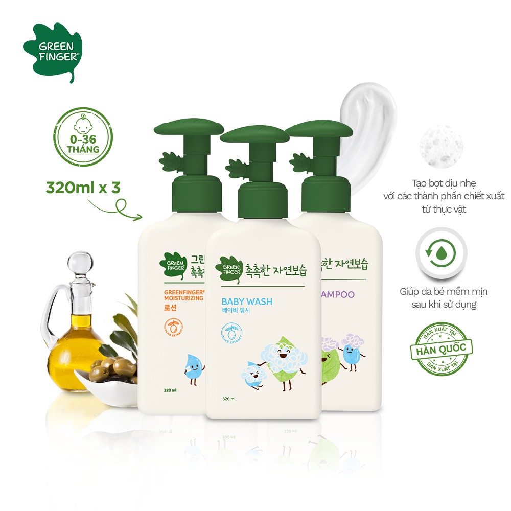 (Combo 3 món) Dầu gội Sữa tắm và Sữa Dưỡng Thể Chăm Sóc Da Toàn Diện Cho Bé Greenfinger Moisture Chokchok