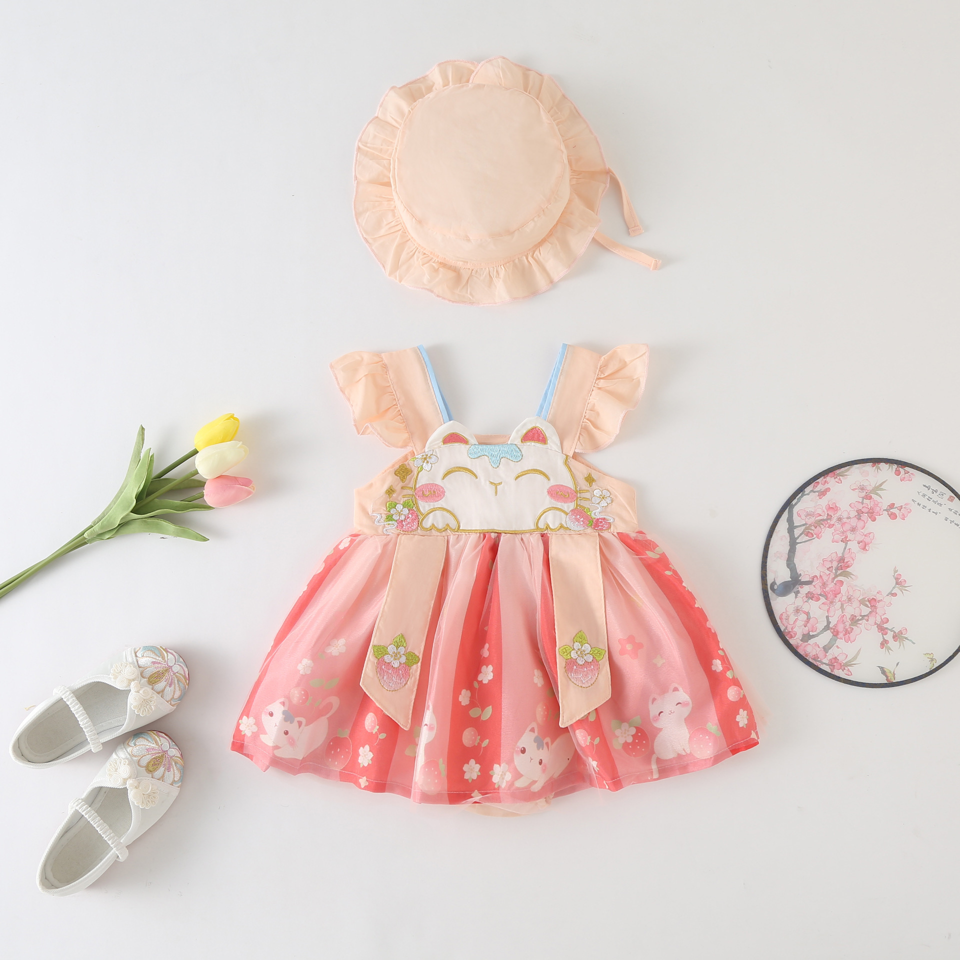 Đầm sơ sinh cho bé gái phong cách trung hoa mặc lễ tết đẹp size 5-12kg hàng Quảng Châu (kèm nón)