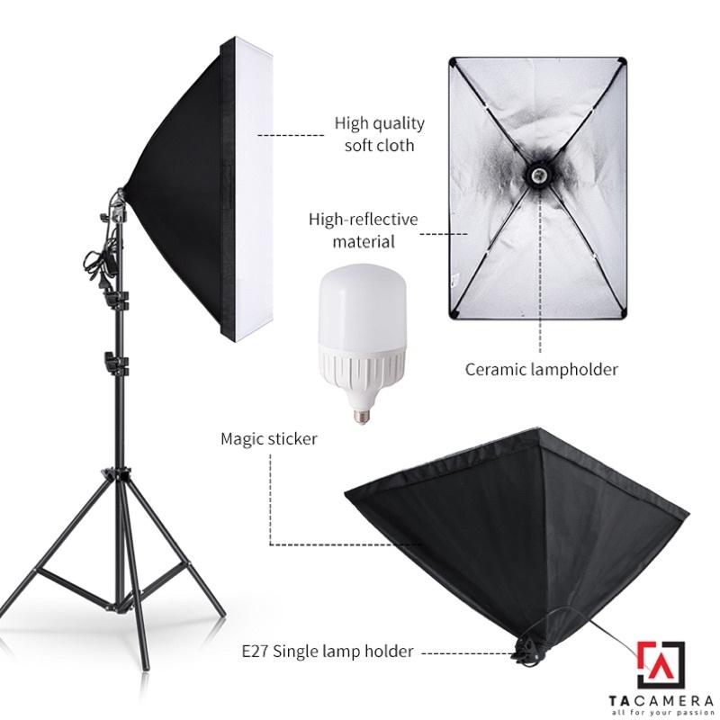 Bộ Kit E27 Kèm Softbox 60x90cm + Chân Đèn 2m + Bóng Đèn LED Siêu Sáng 50W - Hàng Chính Hãng