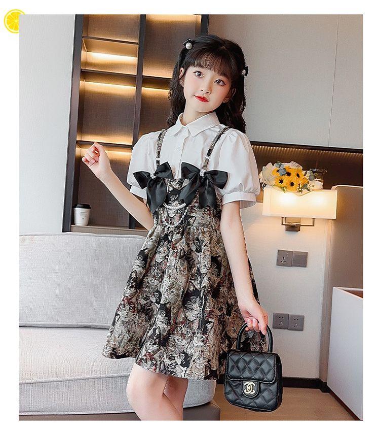 SHUANGYAN Cô gái lớn bé mùa hè phù hợp 2023 tây ăn mặc lưới đỏ trên đầu gối Vintage trẻ em váy ngọt ngào hai mảnh thiết lập