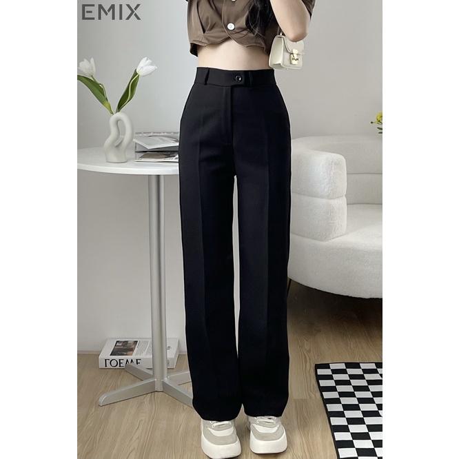 Quần tây nữ EMIX, quần ống suông cạp cao 1 cúc, cúc lệch, dáng dài, ống rộng, chất ruby, túi chéo 09