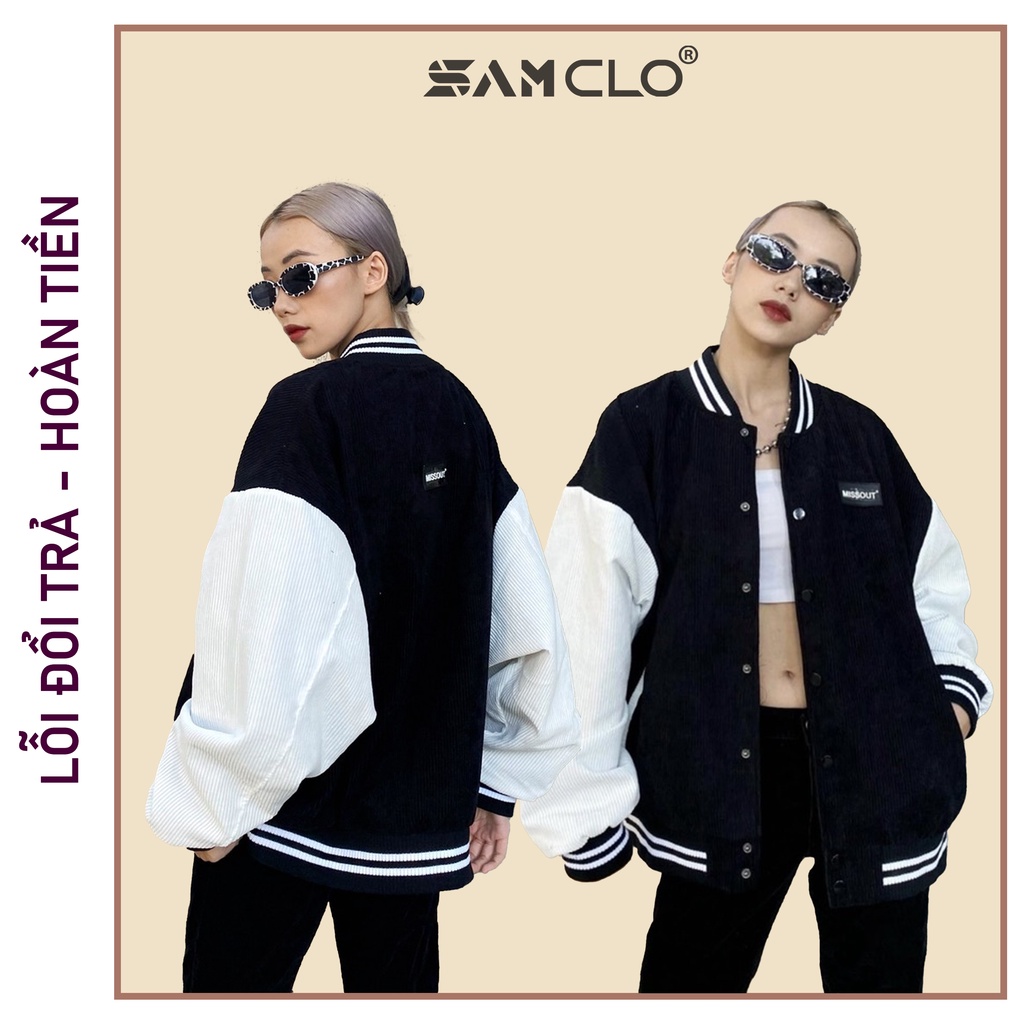 Áo khoác NHUNG bomber CÀI NÚT freesize SAM CLO form rộng nam nữ unisex mặc cặp - couple thêu LOGO MISSOUT