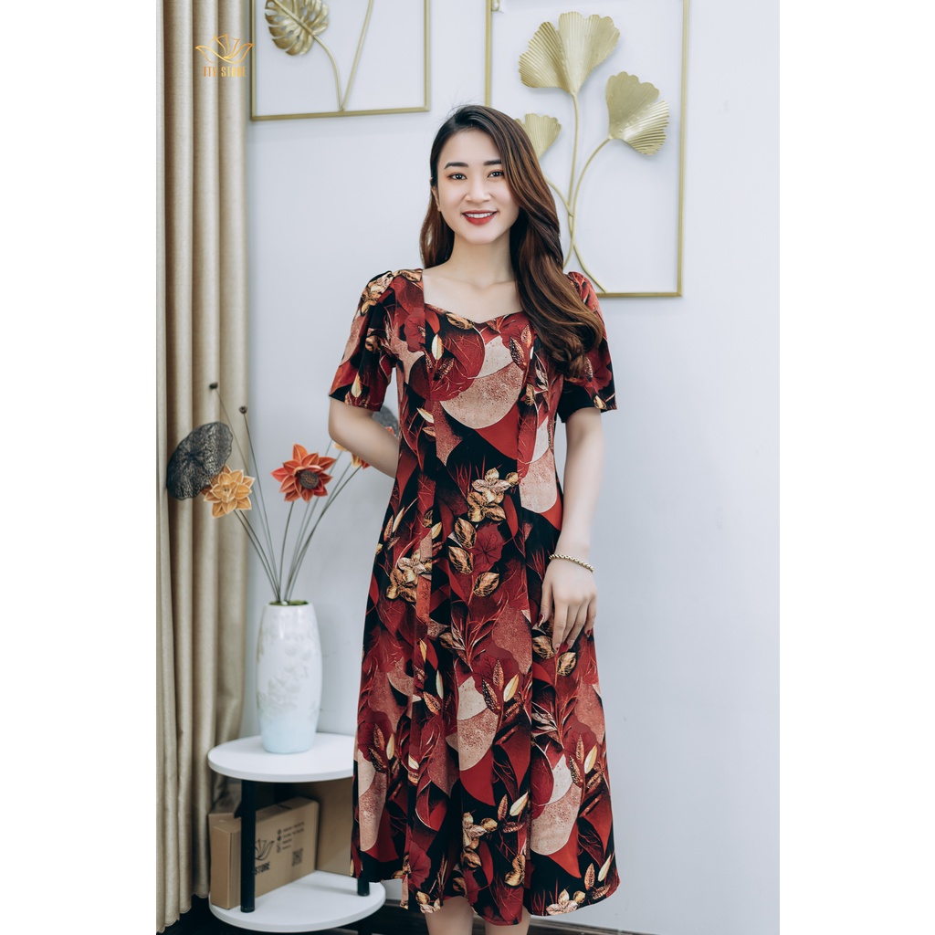 Đầm 6 mảnh thiết kế trung niên sang trọng quý phái Cổ vuông tay ngắn màu Đen hoa đỏ TTV STORE TTV1256