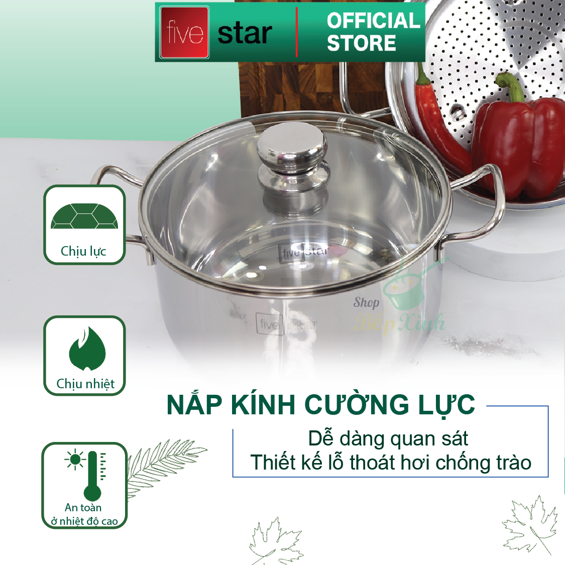 Bộ xửng hấp 3 đáy inox 430 FiveStar Standard bếp từ nắp kính tặng 5 muỗng ăn ( 24cm )