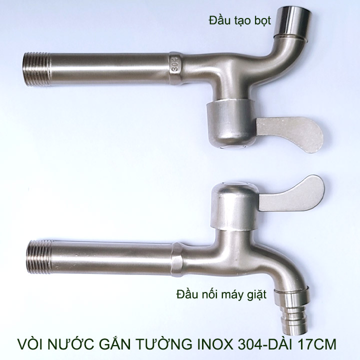 Vòi nước lạnh bằng inox 304 gắn tường thân dài 17cm, đầu tạo bọt hoặc gắn máy giặt tùy chọn (DN15 lắp cho ống D21)