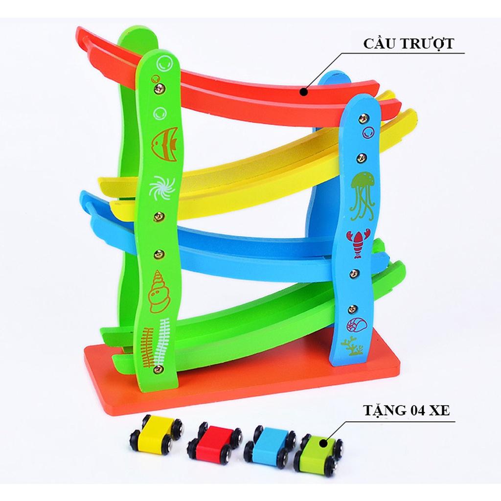 Đồ Chơi Gỗ Xe Cầu Trượt 4 Tầng Kèm 4 Xe Cho Bé - Xe Cầu Trượt Ziczac, Đường Đua Cầu Trượt Quán Tính