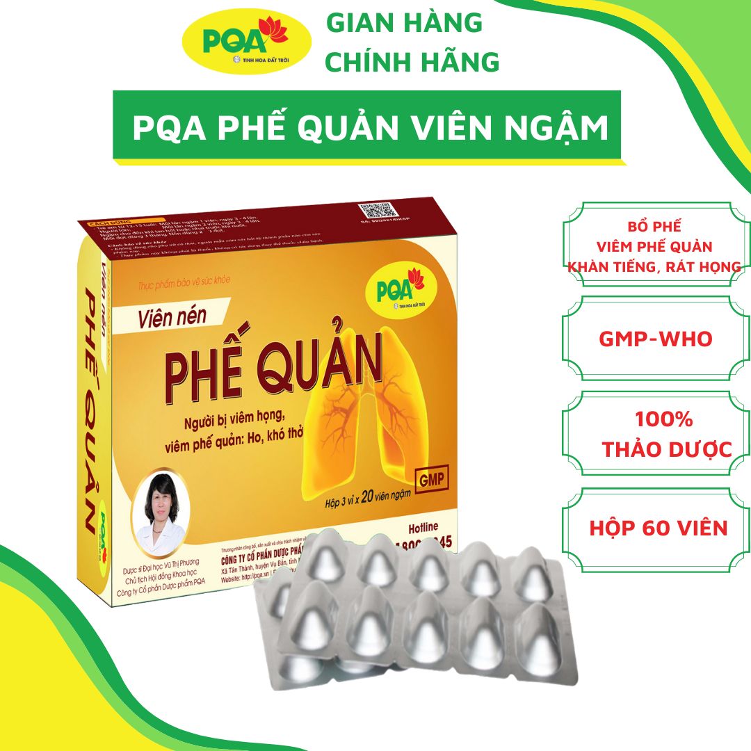 PQA Viên nén Phế Quản là dược phẩm thảo dược hỗ trợ bổ phế giúp ngăn ngừa các biểu hiện ho, ho có đờm, ho khan do viêm họng, viêm phế quản.