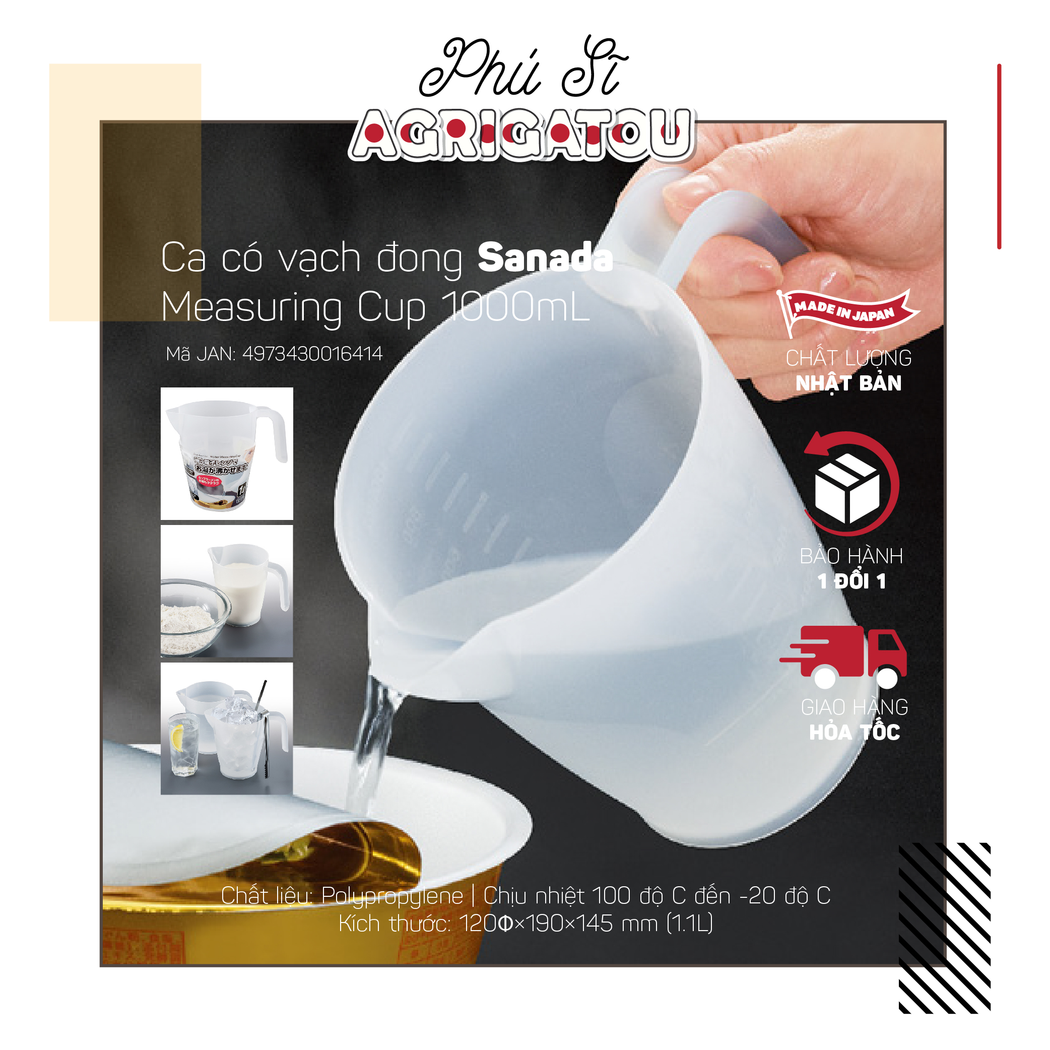 Ca có vạch đong đo lường Sanada Measuring Cup 1000mL