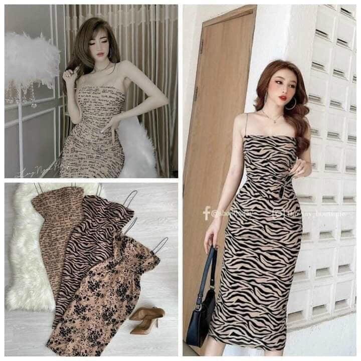 Đầm hotgirl body dài 2 dây hoạ tiết sang chảnh