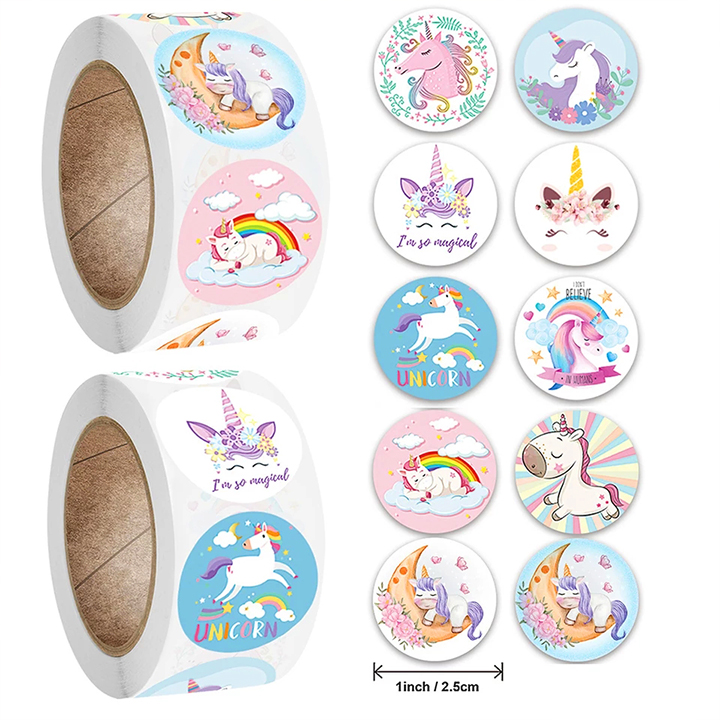 Sticker khen thưởng cho bé, cuộn 500 sticker Unicorn với nhiều họa tiết đáng yêu cho bé trang trí tập sách và góc học tập – SST014