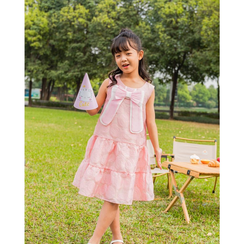 Váy thiết kế cho bé BYZU chất vải tơ dệt hoa hồng đính nơ xinh