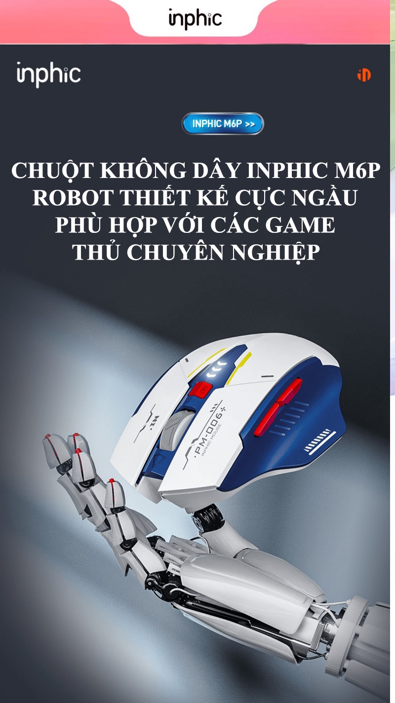 Chuột không dây INPHIC M6P ROBOT kết nối bằng chip USB 2.4GHz thiết kế cực ngầu có đèn led báo hiệu dung lượng pin- JL- HÀNG CHÍNH HÃNG