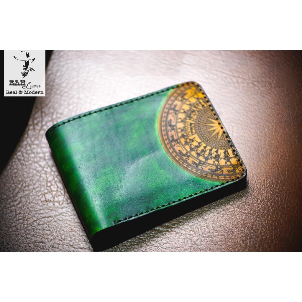 Ví nam trống đồng xanh lá  da bò thảo mộc handmade bền chắc cao cấp dáng ngang - chính hãng RAM Leather