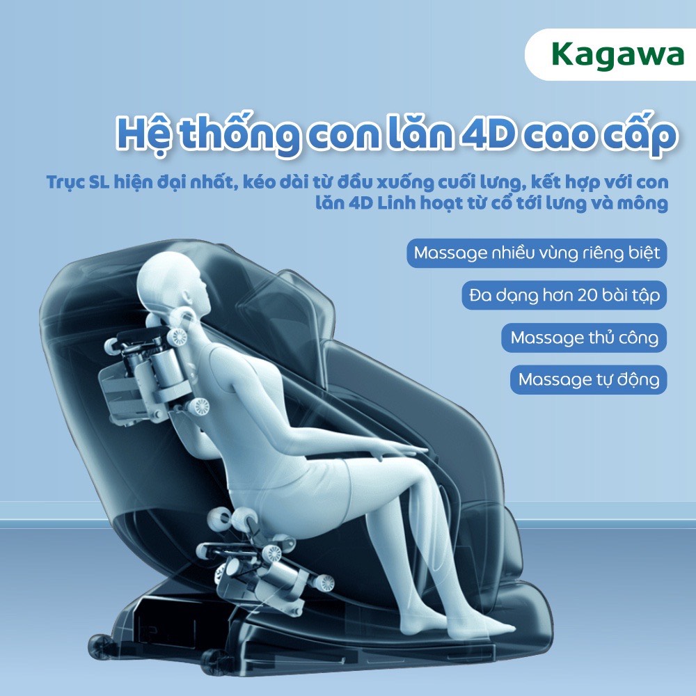 Ghế massage toàn thân Kagawa K6 Pro con lăn 4D, đa chức năng, tự động xoa bóp từ cổ, vai, gáy đến chân