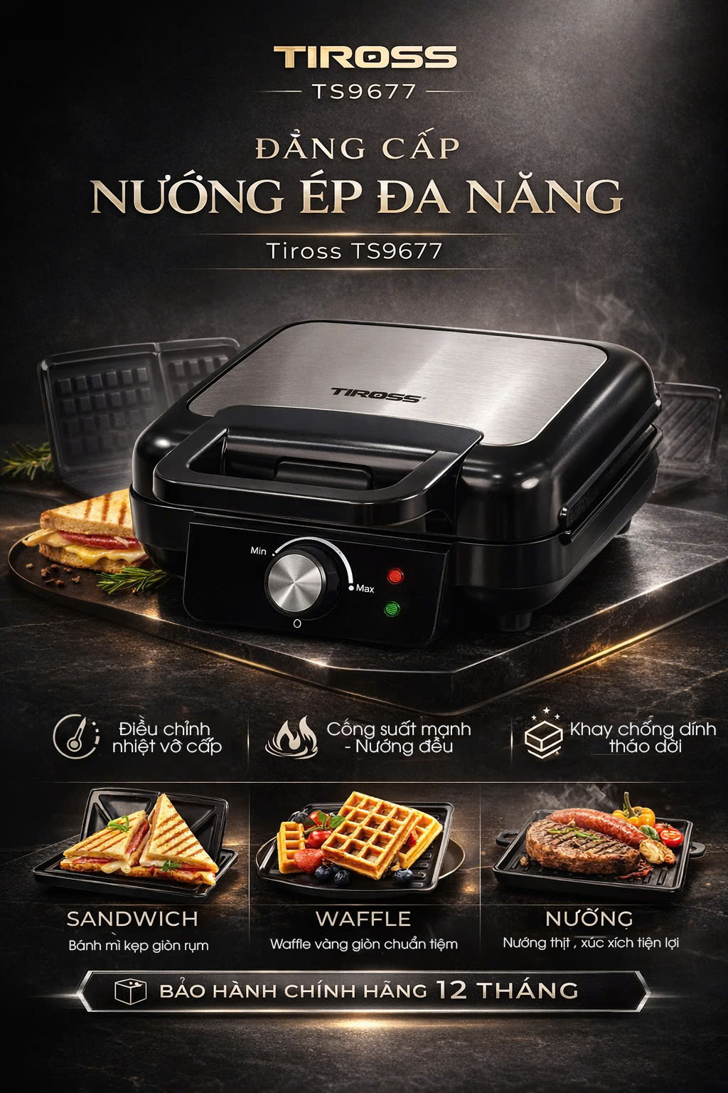 Kẹp nướng sandwich TIROSS 3 trong 1 TS9677 - Hàng chính hãng