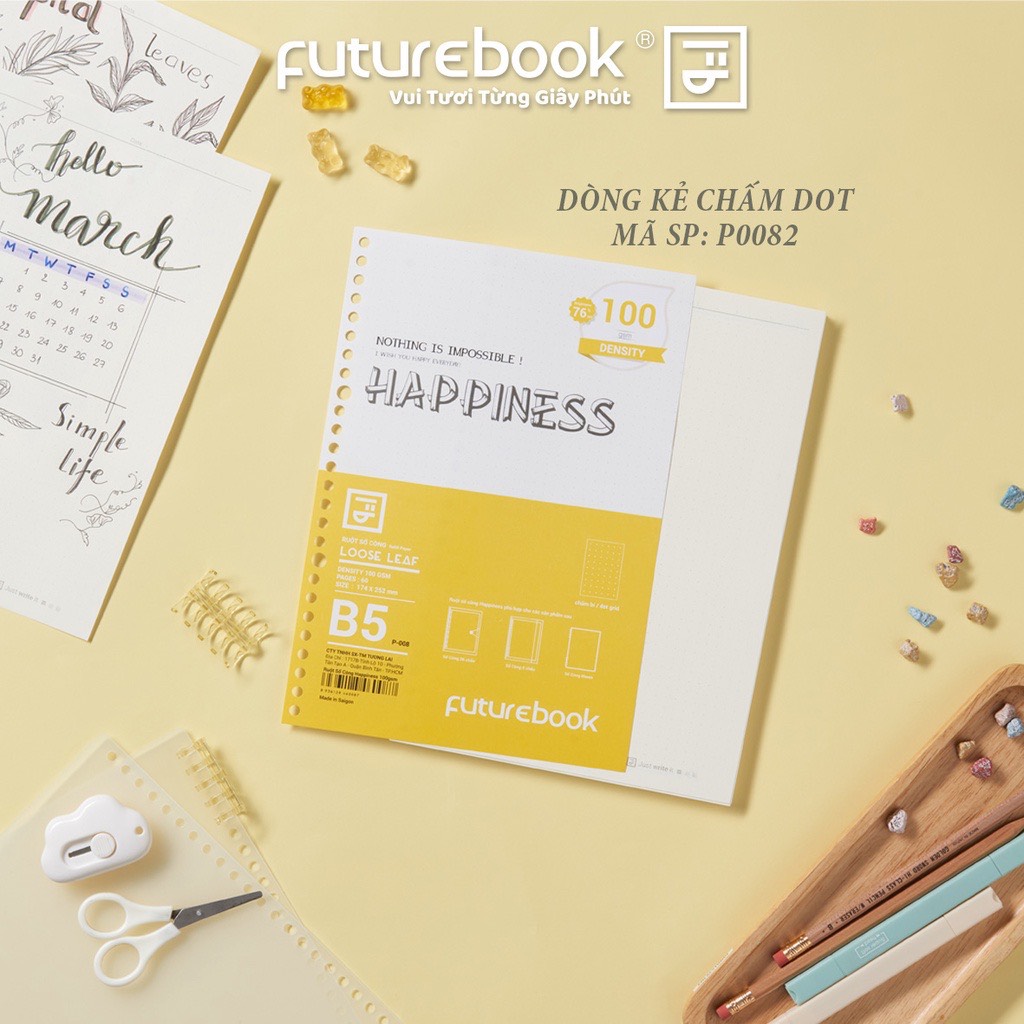 FUTUREBOOK-Ruột Sổ Còng Binder Happiness B5 26Lỗ_(120TR) Dòng Kẻ Ngang_Caro_Chấm Dot.Phù hợp với các SP SỔ CÒNG của SHOP