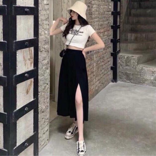 Chân váy dài xẻ tà ,vải tuyết cát co giãn