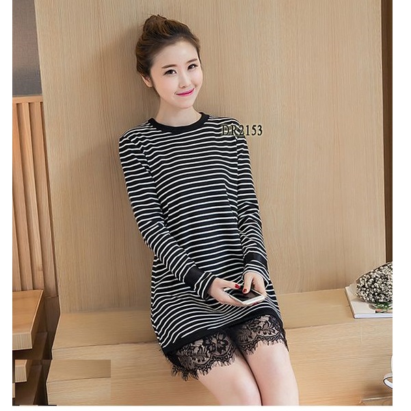 ĐẦM BẦU THU ĐÔNG COTTON KẺ CHÂN REN DR2153