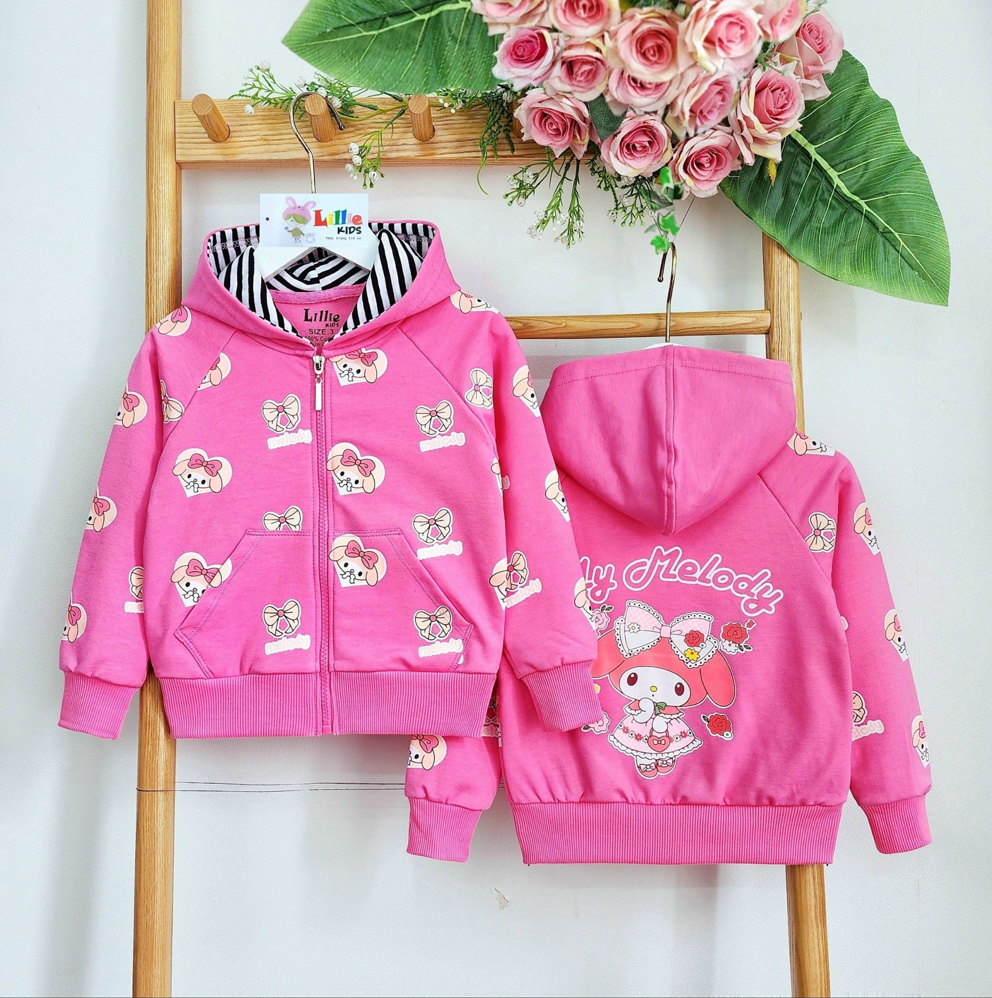 Áo khoác chống nắng có nón cho bé gái hình melody từ 12-40kg chất da cá mịn mát