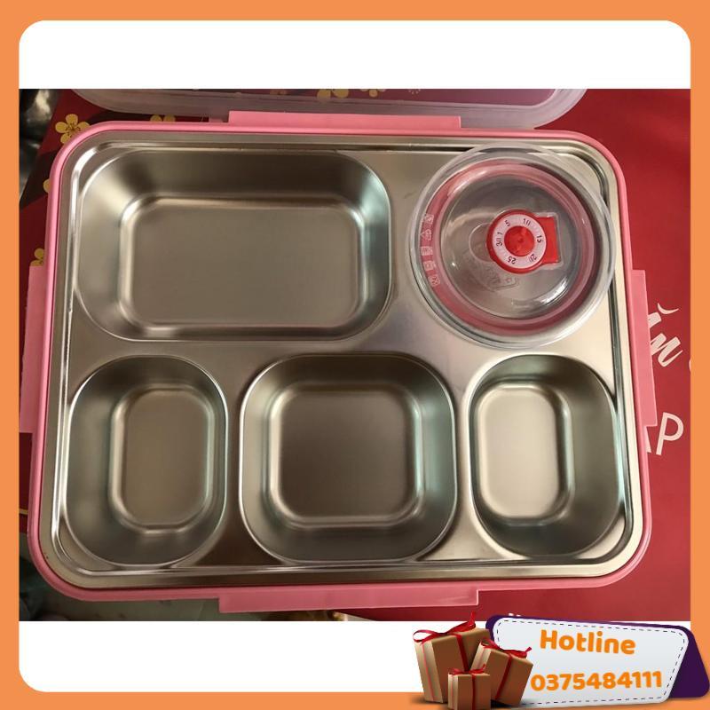 Khay Cơm Inox 304 5 Ngăn Tặng Kèm Muỗng Đũa - Khay Có Nắp Nhựa Pp Cùng Các Khớp Khóa Giữ Nhiệt Chống Tràn - Hàng Loại 1