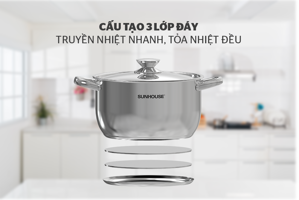 Bộ nồi inox 3 đáy SUNHOUSE SHG302 - Hàng chính hãng