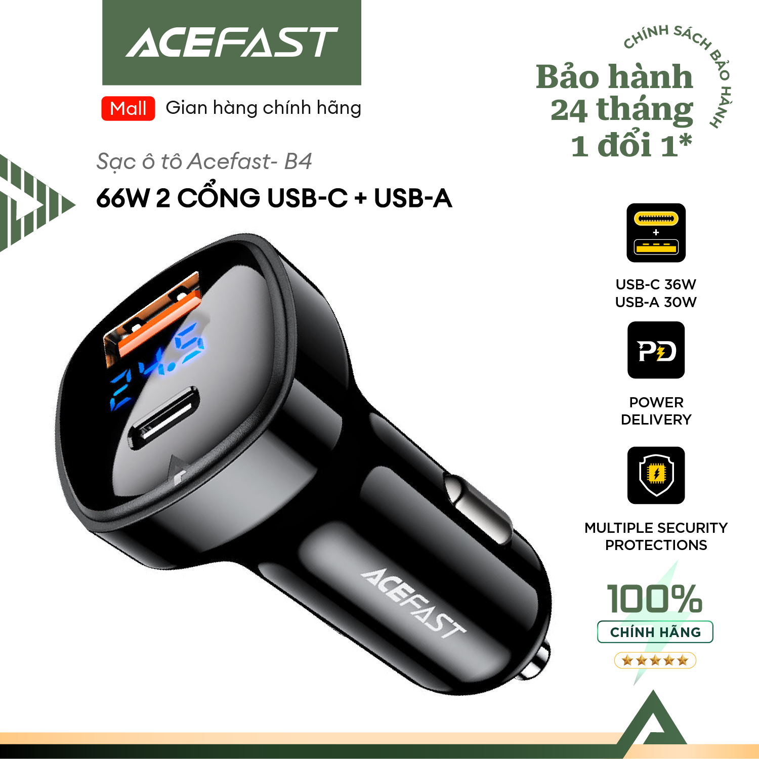 Sạc ô tô Acefast 66W 2 cổng USB-C + USB-A - B4 Hàng chính hãng Acefast