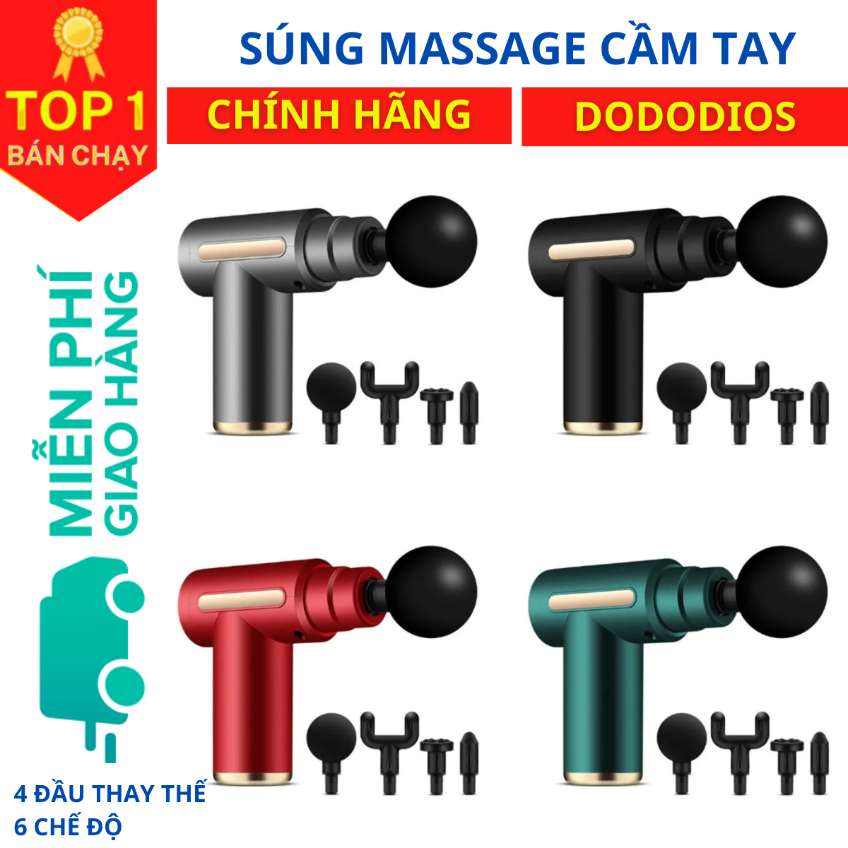 Máy massage Cầm tay dododios Cao Cấp Toàn Thân 4 đầu 6 chế độ - Cổng Sạc USB - Hàng chính hãng dododios