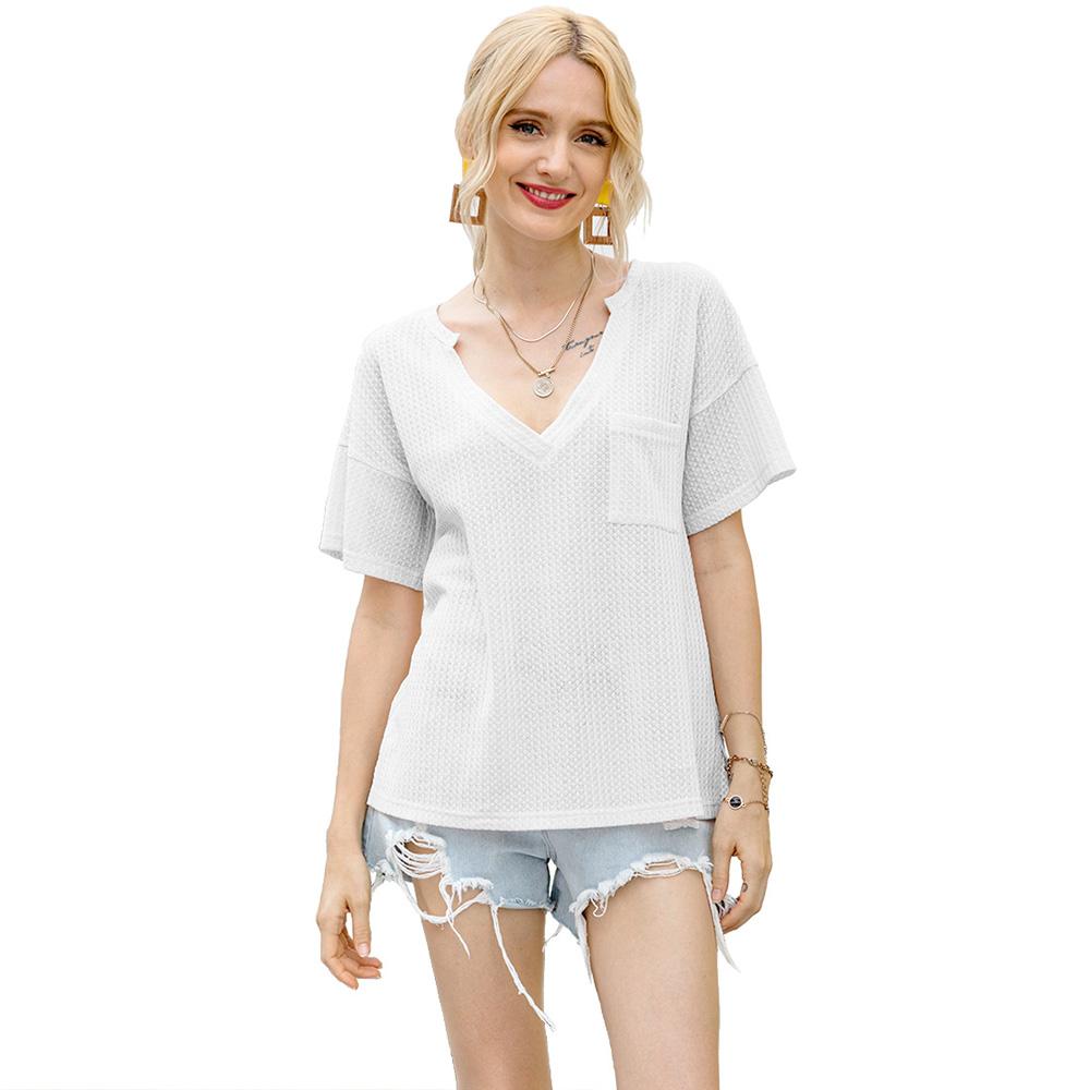 Women T Shirt Waffle Tops with Pocket Loose V-Neck Solid Short Sleeve Tee Pullover Casual Summer Beach