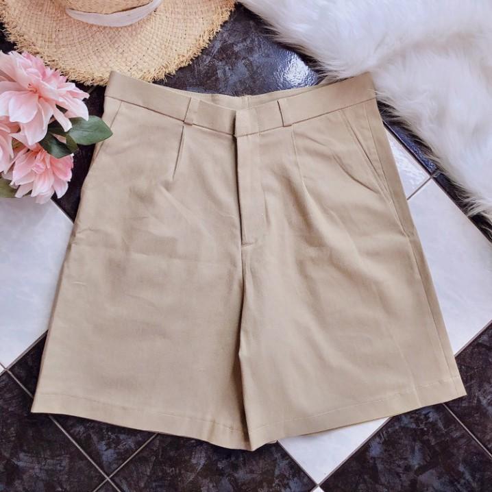 Quần short Unisex ống rộng cạp cao màu kem