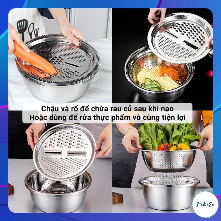 ️ Bộ 3 Món Bào ️ Nạo Rau Củ Kiêm Rổ và Chậu Inox Cao cấp Đa Năng PaKaSa - Chính Hãng 