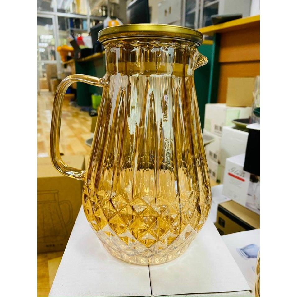 Bình đựng nước uống thủy tinh vàng vân kim cương hạt nhỏ