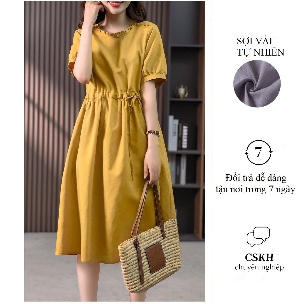 Đầm Linen suông nữ ngắn tay cổ bèo nhăn, có dây chỉnh eo phong cách trẻ trung Haint Boutique