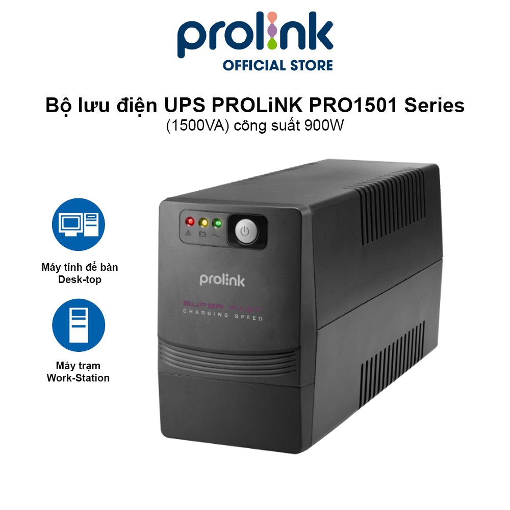 Bộ lưu điện UPS PROLiNK PRO1501SFCU (1500VA) công suất 900W, tích hợp bộ AVR, sạc siêu nhanh, dùng cho PC, Camera, Wifi - Hàng chính hãng