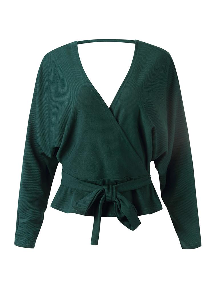 New Sexy Women Winter Sweater Solid Color Deep V Neck Backless Tie Waist Spring Fall Knitwear
