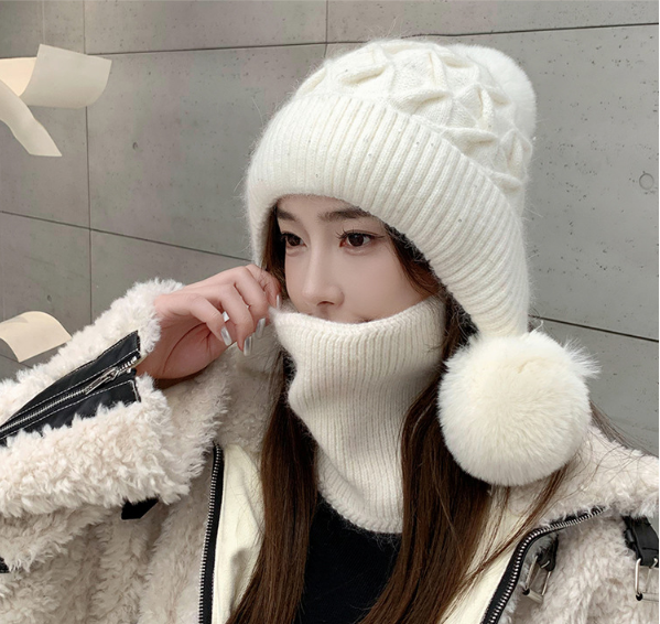 Mũ len nữ trùm đầu quả bông phong cách Hàn, nón len nữ cao cấp mới