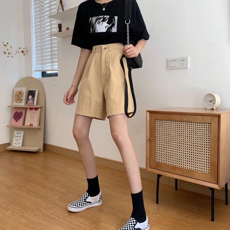 Quần short Unisex ống rộng cạp cao màu kem